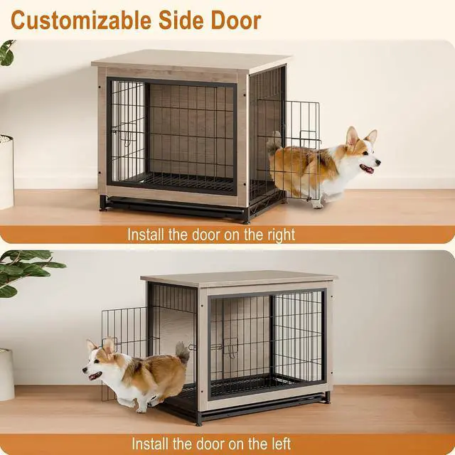 Alt view image 6 of 7 - Dog Crate Furniture, Side End Table, Modern Wooden Kennel for Dogs Indoor, Heavy-Duty Dog Cage with Multi-Purpose Removable Tray, Double-Door Dog House, Grey