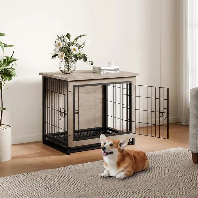 Alt view image 7 of 7 - Dog Crate Furniture, Side End Table, Modern Wooden Kennel for Dogs Indoor, Heavy-Duty Dog Cage with Multi-Purpose Removable Tray, Double-Door Dog House, Grey