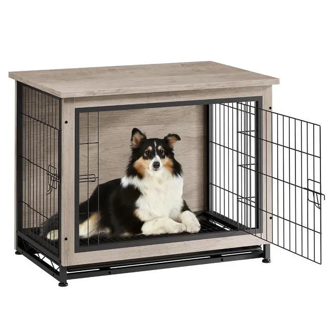 Alt view image 2 of 7 - Dog Crate Furniture, Side End Table, Modern Wooden Kennel for Dogs Indoor, Heavy-Duty Dog Cage with Multi-Purpose Removable Tray, Double-Door Dog House, Grey