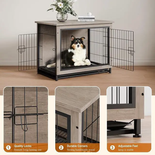 Alt view image 5 of 7 - Dog Crate Furniture, Side End Table, Modern Wooden Kennel for Dogs Indoor, Heavy-Duty Dog Cage with Multi-Purpose Removable Tray, Double-Door Dog House, Grey