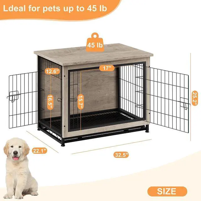 Alt view image 3 of 7 - Dog Crate Furniture, Side End Table, Modern Wooden Kennel for Dogs Indoor, Heavy-Duty Dog Cage with Multi-Purpose Removable Tray, Double-Door Dog House, Grey