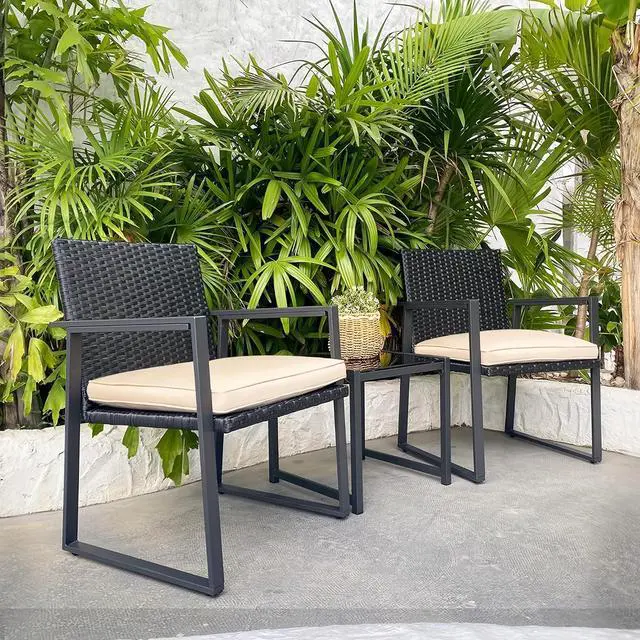 Main image of 3 Pieces Patio Set Outdoor Wicker Patio Furniture Sets Modern Bistro Set Molded Rattan Chair Conversation Sets with Coffee Table for Backyard and Bistro, Khaki