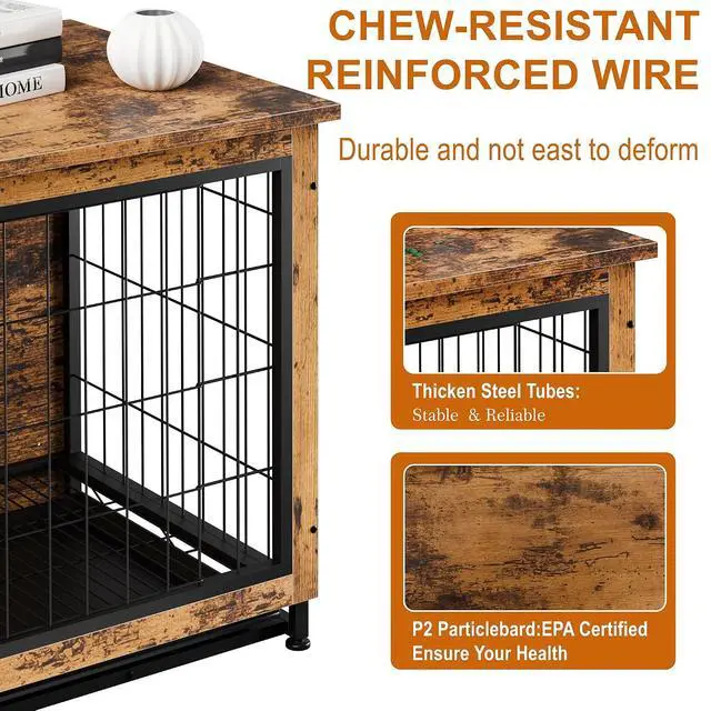 Alt view image 4 of 7 - Dog Crate Furniture, Side End Table, Modern Wooden Kennel for Dogs Indoor, Heavy-Duty Dog Cage with Multi-Purpose Removable Tray, Double-Door Dog House, Rustic Brown