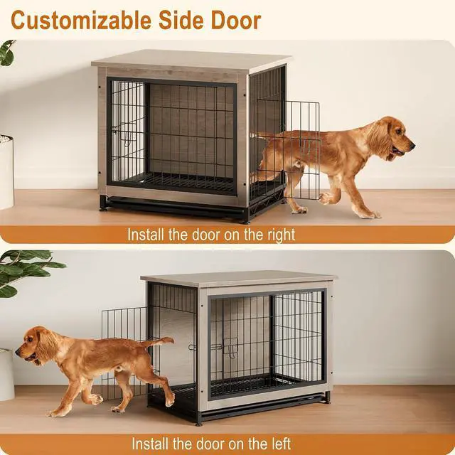 Alt view image 6 of 7 - Dog Crate Furniture, Side End Table, Modern Wooden Kennel for Dogs Indoor, Heavy-Duty Dog Cage with Multi-Purpose Removable Tray, Double-Door Dog House, Grey
