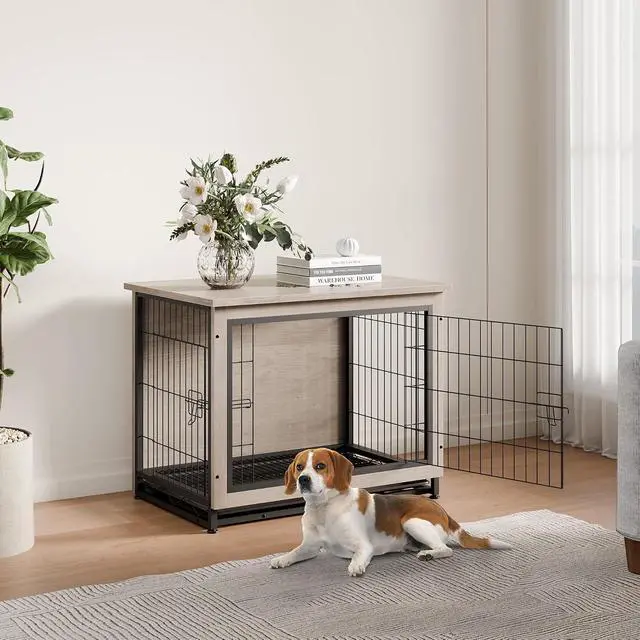 Alt view image 7 of 7 - Dog Crate Furniture, Side End Table, Modern Wooden Kennel for Dogs Indoor, Heavy-Duty Dog Cage with Multi-Purpose Removable Tray, Double-Door Dog House, Grey