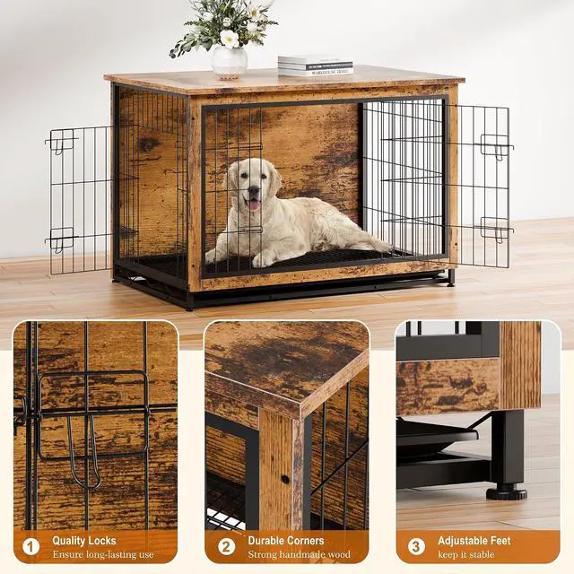 Alt view image 4 of 7 - Dog Crate Furniture, Side End Table, Modern Wooden Kennel for Dogs Indoor, Heavy-Duty Dog Cage with Multi-Purpose Removable Tray, Double-Door Dog House, Rustic Brown