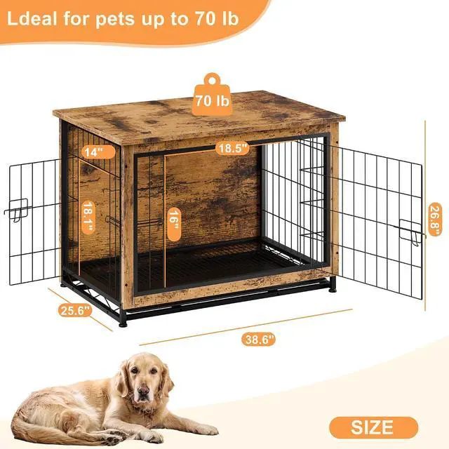 Alt view image 3 of 7 - Dog Crate Furniture, Side End Table, Modern Wooden Kennel for Dogs Indoor, Heavy-Duty Dog Cage with Multi-Purpose Removable Tray, Double-Door Dog House, Rustic Brown