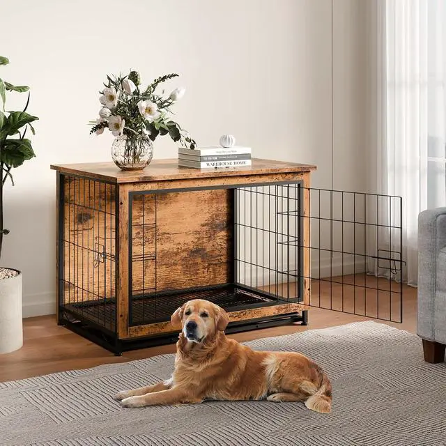 Alt view image 2 of 7 - Dog Crate Furniture, Side End Table, Modern Wooden Kennel for Dogs Indoor, Heavy-Duty Dog Cage with Multi-Purpose Removable Tray, Double-Door Dog House, Rustic Brown