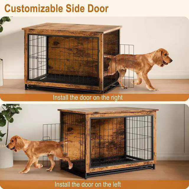 Alt view image 6 of 7 - Dog Crate Furniture, Side End Table, Modern Wooden Kennel for Dogs Indoor, Heavy-Duty Dog Cage with Multi-Purpose Removable Tray, Double-Door Dog House, Rustic Brown