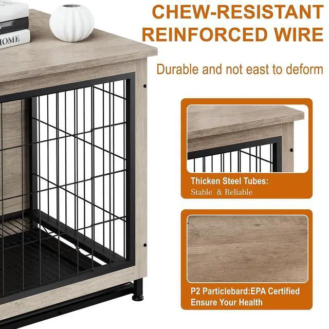Alt view image 4 of 7 - Dog Crate Furniture, Side End Table, Modern Wooden Kennel for Dogs Indoor, Heavy-Duty Dog Cage with Multi-Purpose Removable Tray, Double-Door Dog House, Grey