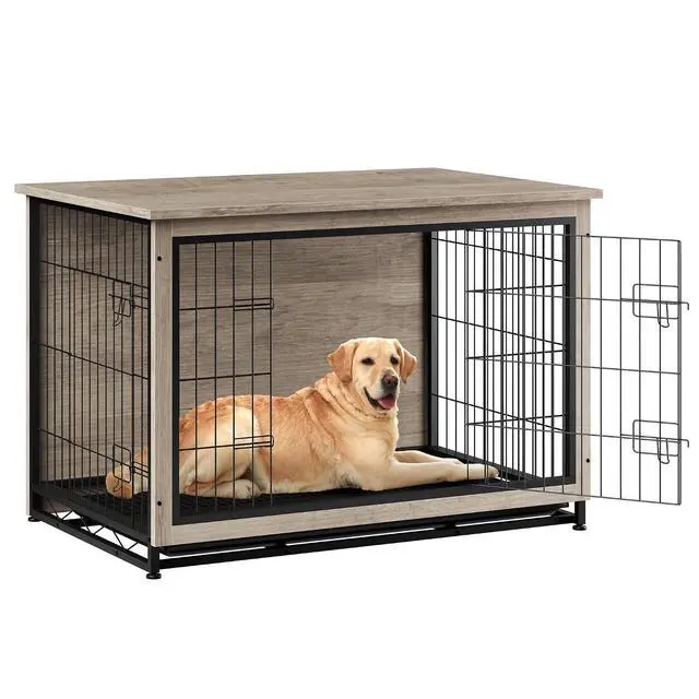 Alt view image 2 of 7 - Dog Crate Furniture, Side End Table, Modern Wooden Kennel for Dogs Indoor, Heavy-Duty Dog Cage with Multi-Purpose Removable Tray, Double-Door Dog House, Grey