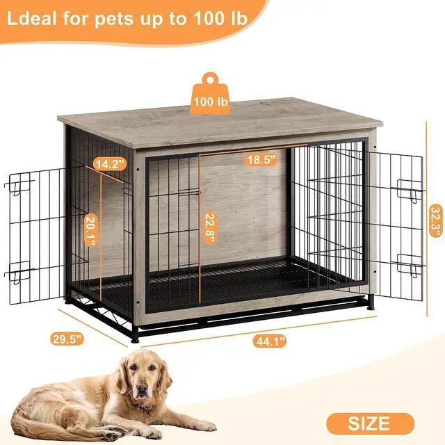 Alt view image 3 of 7 - Dog Crate Furniture, Side End Table, Modern Wooden Kennel for Dogs Indoor, Heavy-Duty Dog Cage with Multi-Purpose Removable Tray, Double-Door Dog House, Grey