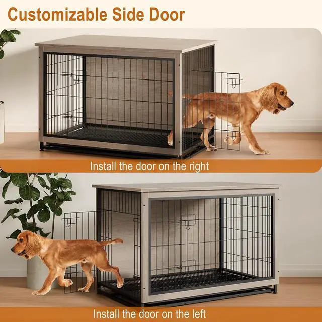 Alt view image 6 of 7 - Dog Crate Furniture, Side End Table, Modern Wooden Kennel for Dogs Indoor, Heavy-Duty Dog Cage with Multi-Purpose Removable Tray, Double-Door Dog House, Grey