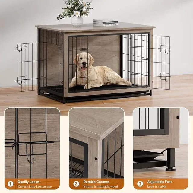 Alt view image 5 of 7 - Dog Crate Furniture, Side End Table, Modern Wooden Kennel for Dogs Indoor, Heavy-Duty Dog Cage with Multi-Purpose Removable Tray, Double-Door Dog House, Grey