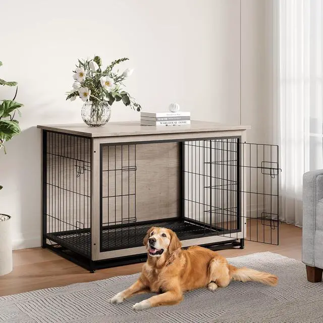 Alt view image 7 of 7 - Dog Crate Furniture, Side End Table, Modern Wooden Kennel for Dogs Indoor, Heavy-Duty Dog Cage with Multi-Purpose Removable Tray, Double-Door Dog House, Grey