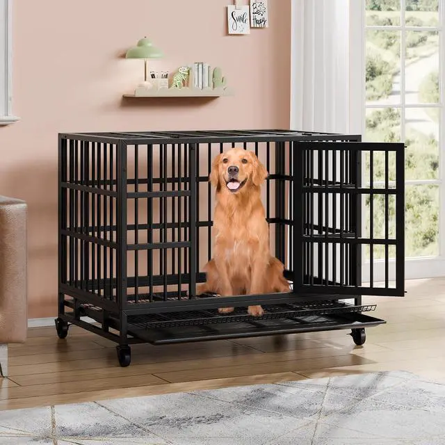 Alt view image 2 of 7 - 48/38 "Heavy Duty Indestructible Dog Cages Double Door Escape Cage Kennel, Reinforced Metal Pet Cage, Oversized XL XXL Cage for Large Dogs with Removable Tray