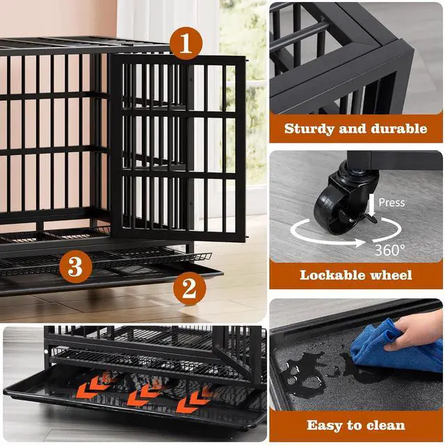 Alt view image 5 of 7 - 48/38 "Heavy Duty Indestructible Dog Cages Double Door Escape Cage Kennel, Reinforced Metal Pet Cage, Oversized XL XXL Cage for Large Dogs with Removable Tray