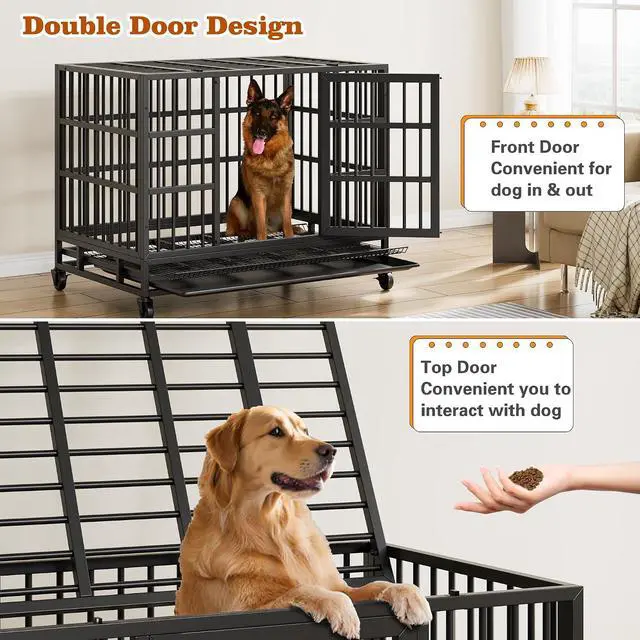 Alt view image 6 of 7 - 48/38 "Heavy Duty Indestructible Dog Cages Double Door Escape Cage Kennel, Reinforced Metal Pet Cage, Oversized XL XXL Cage for Large Dogs with Removable Tray