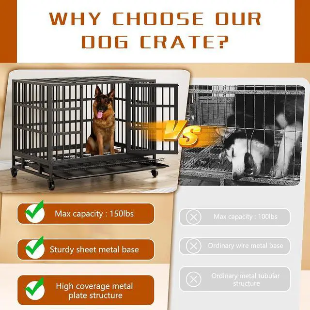Alt view image 7 of 7 - 48/38 "Heavy Duty Indestructible Dog Cages Double Door Escape Cage Kennel, Reinforced Metal Pet Cage, Oversized XL XXL Cage for Large Dogs with Removable Tray