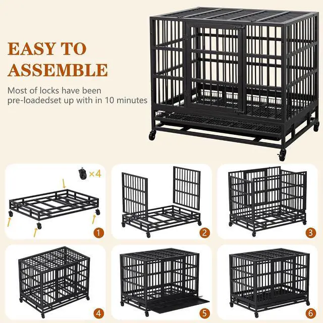 Alt view image 4 of 7 - 48/38 "Heavy Duty Indestructible Dog Cages Double Door Escape Cage Kennel, Reinforced Metal Pet Cage, Oversized XL XXL Cage for Large Dogs with Removable Tray