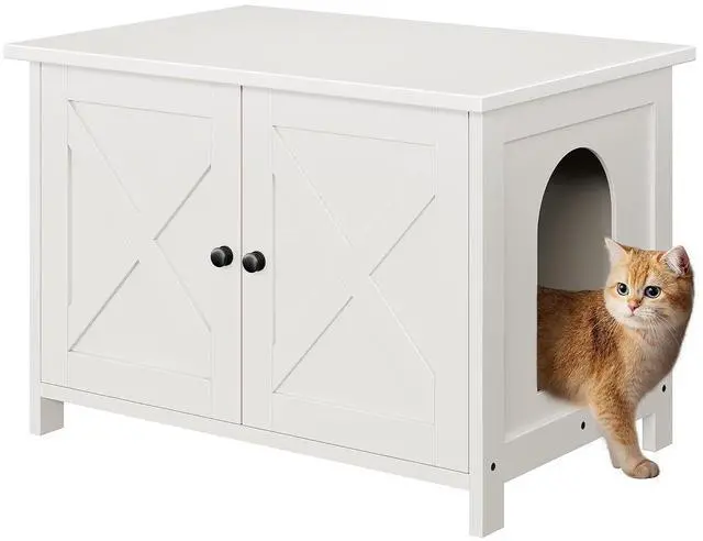 Main image of Cat Litter Box Enclosure,Litter Box Furniture Hidden with Barn Door,Wooden Cats Washroom Furniture,Cat House,End Table, Fit Most of Litter Box, (White)