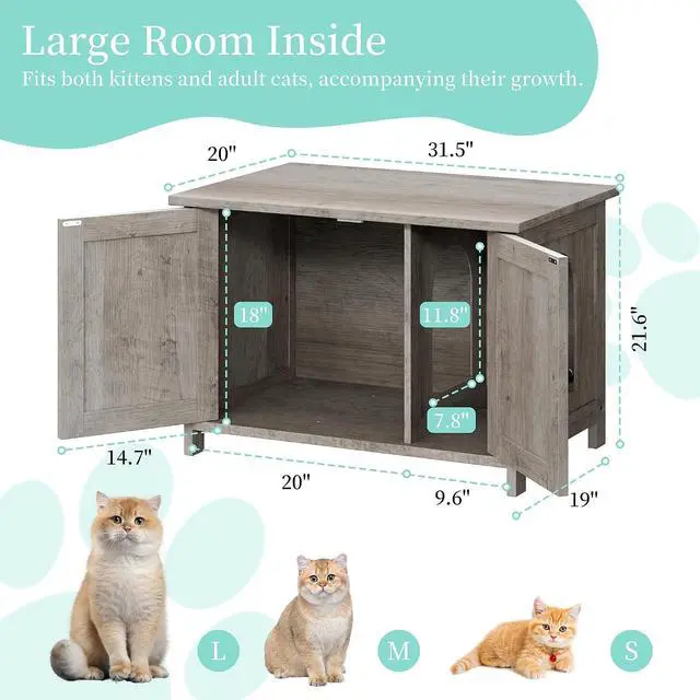 Alt view image 3 of 7 - Cat Litter Box Enclosure,Litter Box Furniture Hidden with Barn Door,Wooden Cat Washroom Furniture,Cat House,End Table, Fit Most of Litter Box, Gray