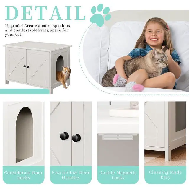 Alt view image 6 of 7 - Cat Litter Box Enclosure,Litter Box Furniture Hidden with Barn Door,Wooden Cats Washroom Furniture,Cat House,End Table, Fit Most of Litter Box, (White)