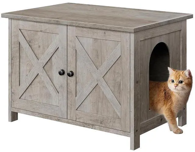 Main image of Cat Litter Box Enclosure,Litter Box Furniture Hidden with Barn Door,Wooden Cat Washroom Furniture,Cat House,End Table, Fit Most of Litter Box, Gray