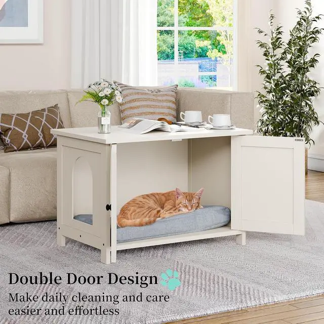 Alt view image 5 of 7 - Cat Litter Box Enclosure,Litter Box Furniture Hidden with Barn Door,Wooden Cats Washroom Furniture,Cat House,End Table, Fit Most of Litter Box, (White)