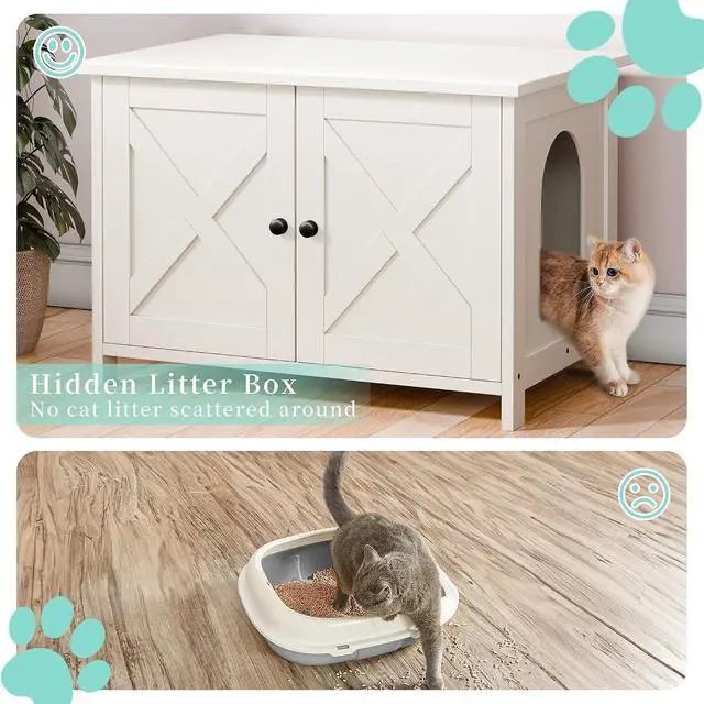 Alt view image 7 of 7 - Cat Litter Box Enclosure,Litter Box Furniture Hidden with Barn Door,Wooden Cats Washroom Furniture,Cat House,End Table, Fit Most of Litter Box, (White)