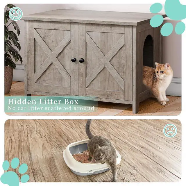 Alt view image 4 of 7 - Cat Litter Box Enclosure,Litter Box Furniture Hidden with Barn Door,Wooden Cat Washroom Furniture,Cat House,End Table, Fit Most of Litter Box, Gray