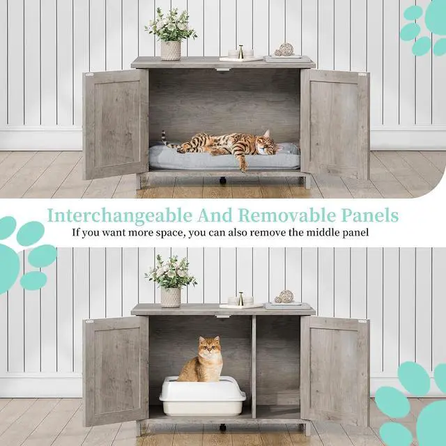 Alt view image 5 of 7 - Cat Litter Box Enclosure,Litter Box Furniture Hidden with Barn Door,Wooden Cat Washroom Furniture,Cat House,End Table, Fit Most of Litter Box, Gray