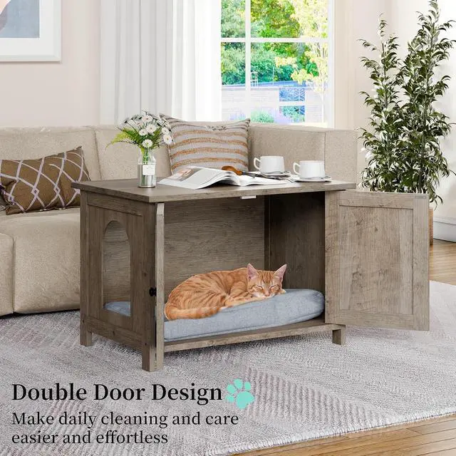 Alt view image 6 of 7 - Cat Litter Box Enclosure,Litter Box Furniture Hidden with Barn Door,Wooden Cat Washroom Furniture,Cat House,End Table, Fit Most of Litter Box, Gray