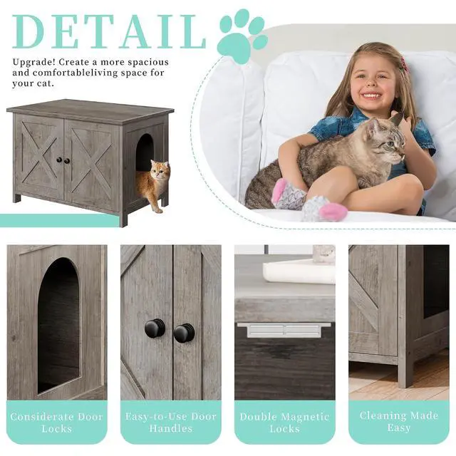 Alt view image 7 of 7 - Cat Litter Box Enclosure,Litter Box Furniture Hidden with Barn Door,Wooden Cat Washroom Furniture,Cat House,End Table, Fit Most of Litter Box, Gray
