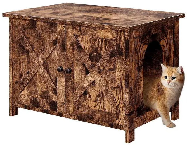 Main image of Cat Litter Box Enclosure,Litter Box Furniture Hidden with Barn Door,Wooden Cat Washroom Furniture,Cat House,End Table, Fit Most of Litter Box, (Brown)