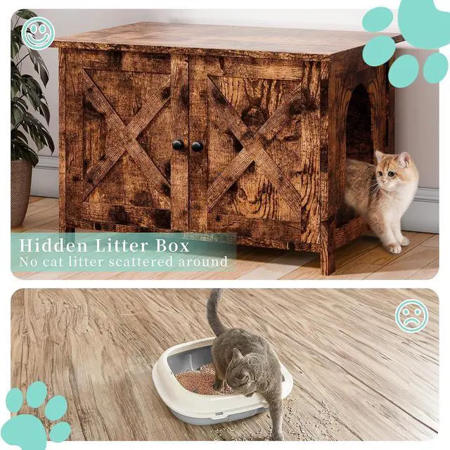 Alt view image 4 of 7 - Cat Litter Box Enclosure,Litter Box Furniture Hidden with Barn Door,Wooden Cat Washroom Furniture,Cat House,End Table, Fit Most of Litter Box, (Brown)