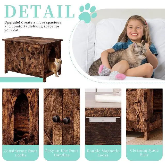 Alt view image 7 of 7 - Cat Litter Box Enclosure,Litter Box Furniture Hidden with Barn Door,Wooden Cat Washroom Furniture,Cat House,End Table, Fit Most of Litter Box, (Brown)