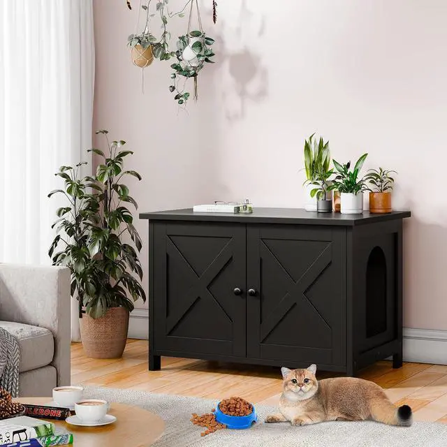 Main image of Hidden Cat Litter Box Cat Washroom with Double Removable Doors and Divider Indoor for Living Room Black