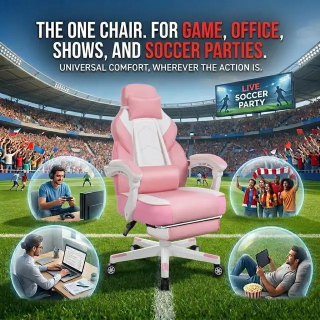 Alt view image 4 of 7 - Big and Tall Gaming Chair for Adults, 330lbs Heavy Duty Computer Chair with Footrest & Massage Lumbar Support, Wide Seat High Back Reclining Desk Chair, 360° Swivel, Pink