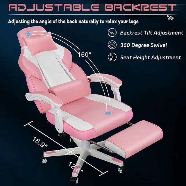 Alt view image 3 of 7 - Big and Tall Gaming Chair for Adults, 330lbs Heavy Duty Computer Chair with Footrest & Massage Lumbar Support, Wide Seat High Back Reclining Desk Chair, 360° Swivel, Pink