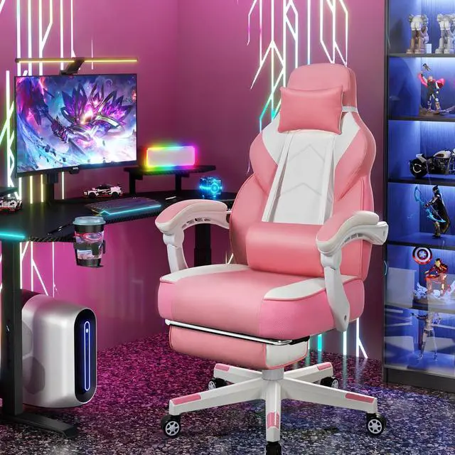 Alt view image 2 of 7 - Big and Tall Gaming Chair for Adults, 330lbs Heavy Duty Computer Chair with Footrest & Massage Lumbar Support, Wide Seat High Back Reclining Desk Chair, 360° Swivel, Pink
