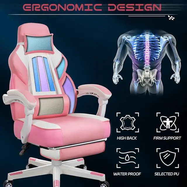 Alt view image 5 of 7 - Big and Tall Gaming Chair for Adults, 330lbs Heavy Duty Computer Chair with Footrest & Massage Lumbar Support, Wide Seat High Back Reclining Desk Chair, 360° Swivel, Pink