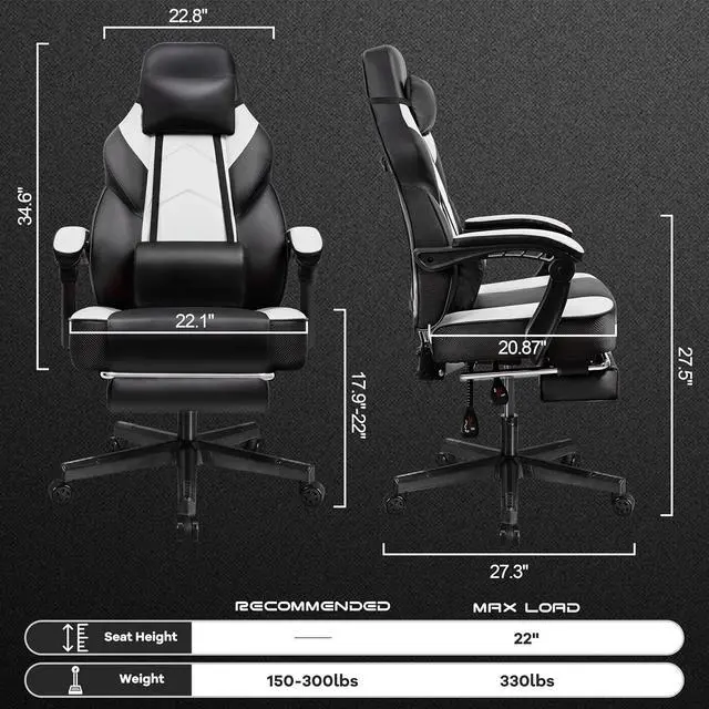 Alt view image 3 of 7 - Big and Tall Gaming Chair for Adults, Heavy Duty Computer Chair with Footrest, Video Game Chair, Massage Lumbar Support, Wide Seat High Back Reclining Desk Chair, White