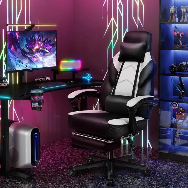 Alt view image 2 of 7 - Big and Tall Gaming Chair for Adults, Heavy Duty Computer Chair with Footrest, Video Game Chair, Massage Lumbar Support, Wide Seat High Back Reclining Desk Chair, White
