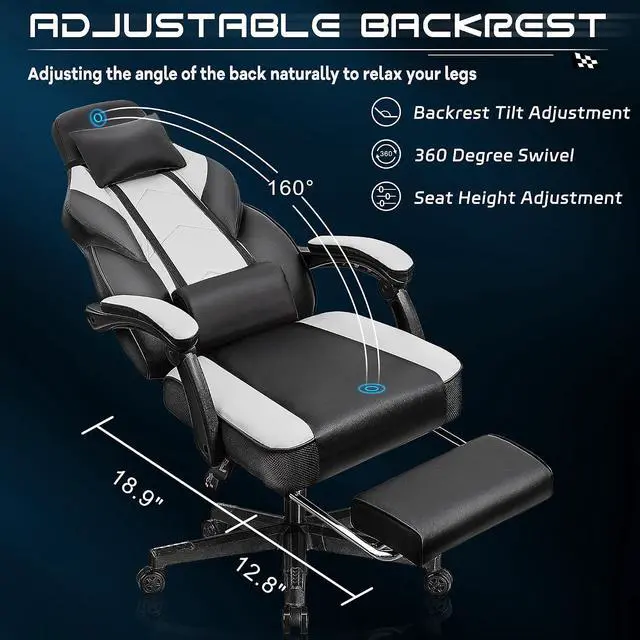 Alt view image 4 of 7 - Big and Tall Gaming Chair for Adults, Heavy Duty Computer Chair with Footrest, Video Game Chair, Massage Lumbar Support, Wide Seat High Back Reclining Desk Chair, White