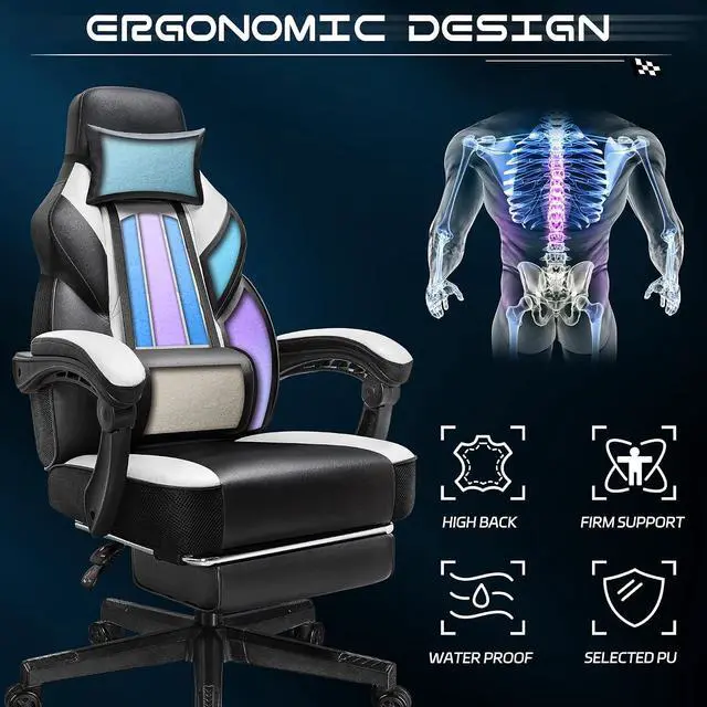Alt view image 5 of 7 - Big and Tall Gaming Chair for Adults, Heavy Duty Computer Chair with Footrest, Video Game Chair, Massage Lumbar Support, Wide Seat High Back Reclining Desk Chair, White