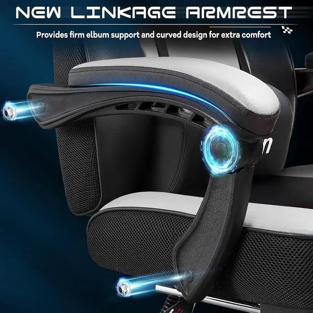 Alt view image 6 of 7 - Big and Tall Gaming Chair for Adults, Heavy Duty Computer Chair with Footrest, Video Game Chair, Massage Lumbar Support, Wide Seat High Back Reclining Desk Chair, White