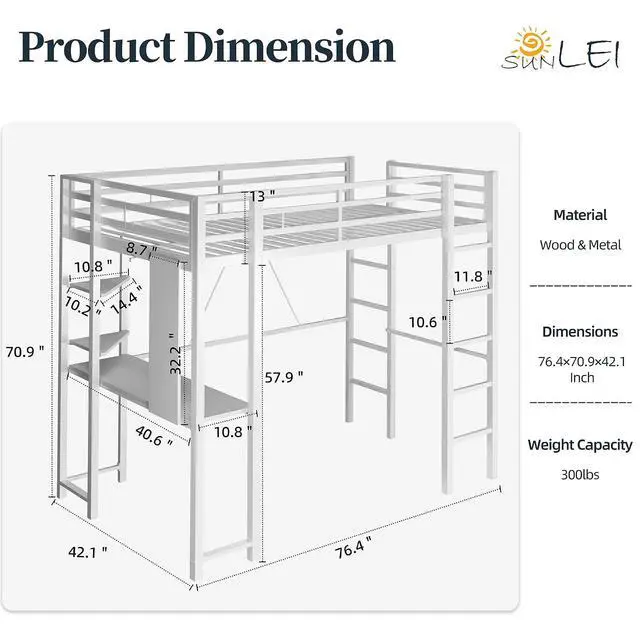 Alt view image 2 of 7 - Metal Twin Loft Bed with Desk, Twin Size Loft Bed with 2 Built-in Ladders & Safety Guard, Noise Free for Small Bedroom, Matte White