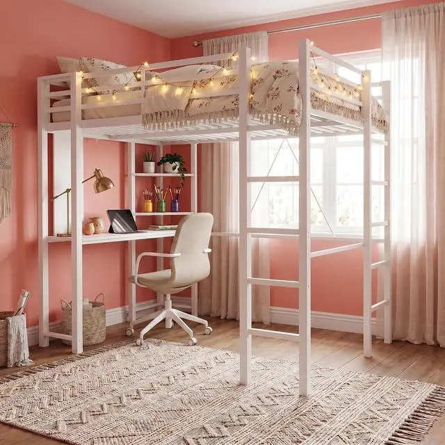Main image of Metal Twin Loft Bed with Desk, Twin Size Loft Bed with 2 Built-in Ladders & Safety Guard, Noise Free for Small Bedroom, Matte White