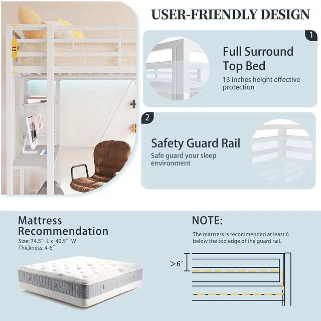 Alt view image 4 of 7 - Metal Twin Loft Bed with Desk, Twin Size Loft Bed with 2 Built-in Ladders & Safety Guard, Noise Free for Small Bedroom, Matte White